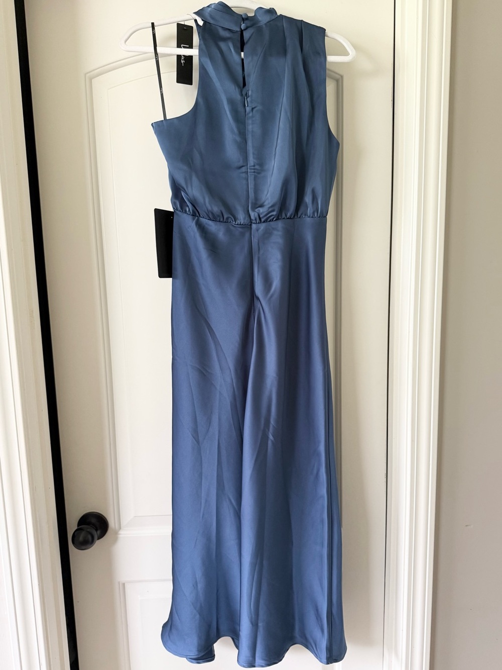 Lulus Distinctive Charm Slate Blue Satin Asymmetrical Midi Dress - Picture 5 of 8